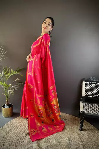 pink silk blend meenakari zari weaving paithani saree