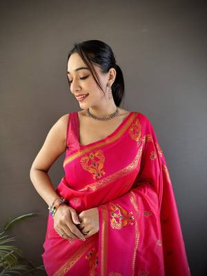 pink silk blend meenakari zari weaving paithani saree 3