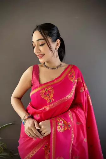 pink silk blend meenakari zari weaving paithani saree