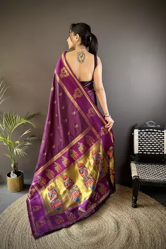 wine silk blend meenakari zari weaving paithani saree