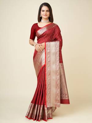 blood red silk blend small butti zari weaving border banarasi saree 1