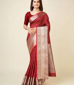 blood red silk blend small butti zari weaving border banarasi saree