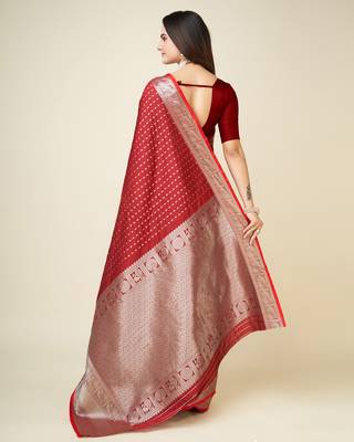 blood red silk blend small butti zari weaving border banarasi saree 2