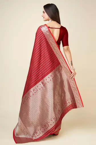 blood red silk blend small butti zari weaving border banarasi saree