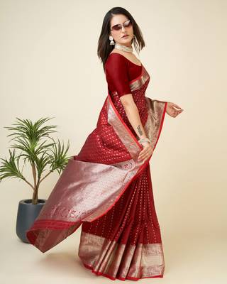 blood red silk blend small butti zari weaving border banarasi saree 3