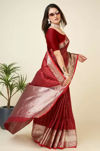 blood red silk blend small butti zari weaving border banarasi saree