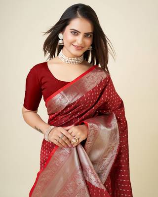 blood red silk blend small butti zari weaving border banarasi saree 4