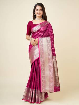 rani pink silk blend small butti zari weaving border banarasi saree 1