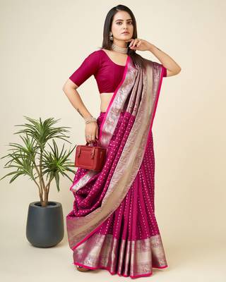 rani pink silk blend small butti zari weaving border banarasi saree 2