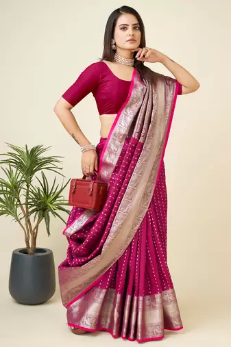 rani pink silk blend small butti zari weaving border banarasi saree