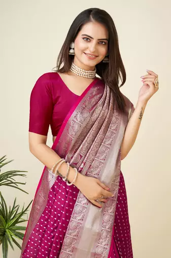 rani pink silk blend small butti zari weaving border banarasi saree