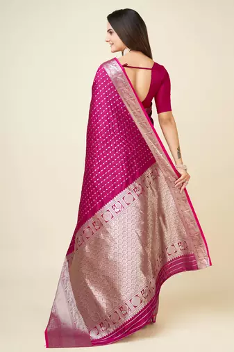 rani pink silk blend small butti zari weaving border banarasi saree