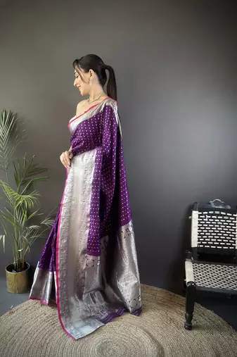 purple silk blend small butti zari weaving border banarasi saree