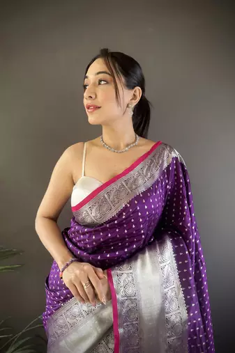 purple silk blend small butti zari weaving border banarasi saree