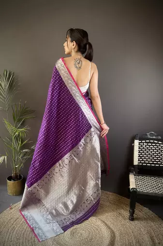 purple silk blend small butti zari weaving border banarasi saree