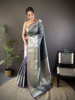 grey silk blend small butti zari weaving border banarasi saree 1
