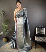 grey silk blend small butti zari weaving border banarasi saree