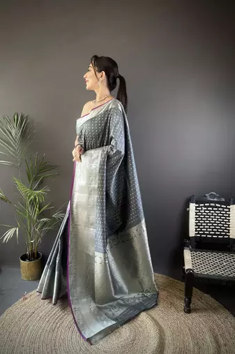 grey silk blend small butti zari weaving border banarasi saree