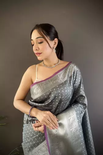 grey silk blend small butti zari weaving border banarasi saree
