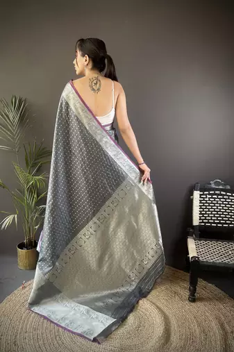 grey silk blend small butti zari weaving border banarasi saree