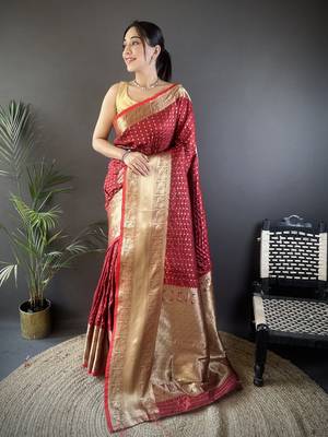 brick red silk blend small butti zari weaving border banarasi saree 1