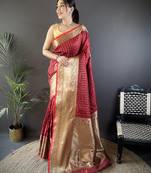 brick red silk blend small butti zari weaving border banarasi saree