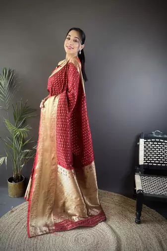brick red silk blend small butti zari weaving border banarasi saree