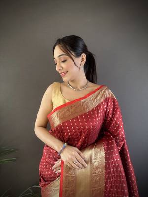 brick red silk blend small butti zari weaving border banarasi saree 3
