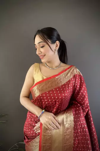 brick red silk blend small butti zari weaving border banarasi saree