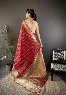 brick red silk blend small butti zari weaving border banarasi saree 4