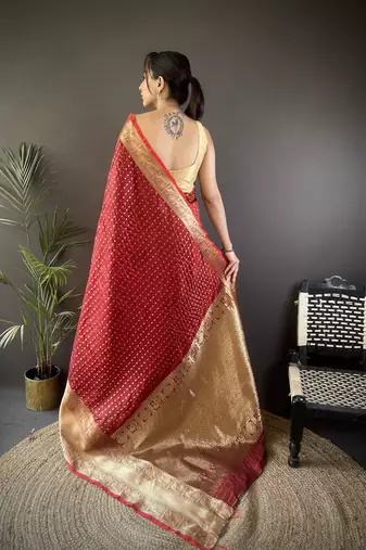 brick red silk blend small butti zari weaving border banarasi saree