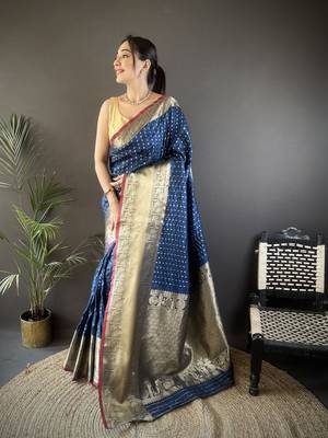 navy blue silk blend small butti zari weaving border banarasi saree 1
