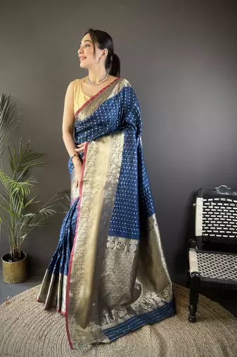 navy blue silk blend small butti zari weaving border banarasi saree