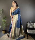 navy blue silk blend small butti zari weaving border banarasi saree