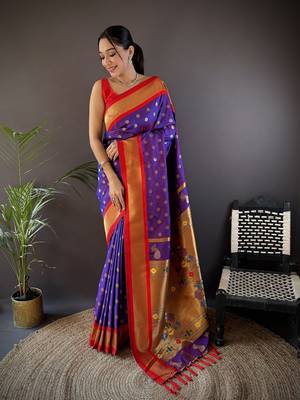 purple silk blend butti zari weaving kanchipuram saree 1