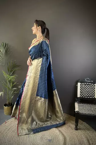 navy blue silk blend small butti zari weaving border banarasi saree