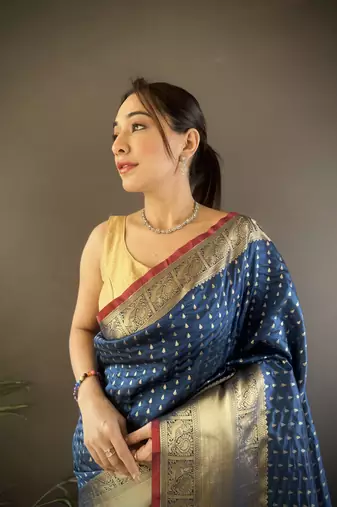 navy blue silk blend small butti zari weaving border banarasi saree