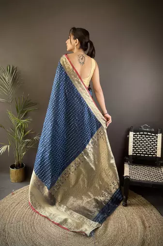 navy blue silk blend small butti zari weaving border banarasi saree