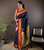 navy blue silk blend butti zari weaving kanchipuram saree