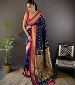 navy blue silk blend butti zari weaving kanchipuram saree