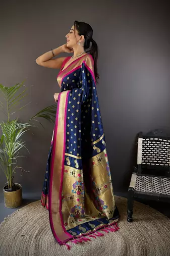 navy blue silk blend butti zari weaving kanchipuram saree
