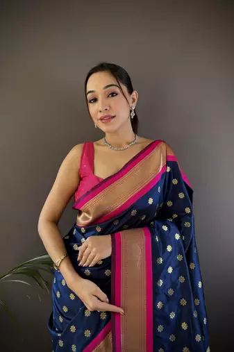 navy blue silk blend butti zari weaving kanchipuram saree