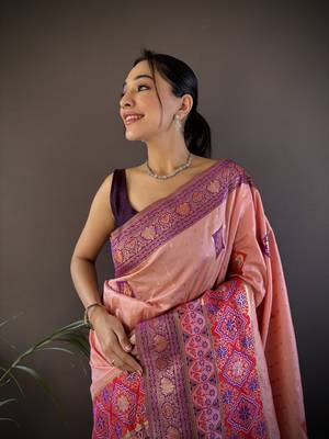 light pink silk blend small butti zari weaving banarasi saree 3