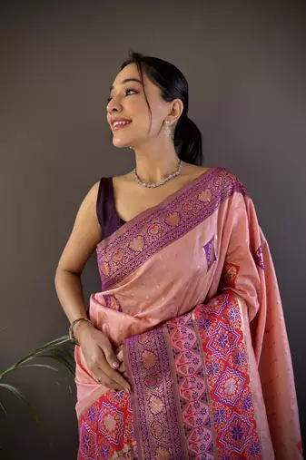 light pink silk blend small butti zari weaving banarasi saree