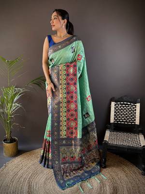 turquoise silk blend small butti zari weaving banarasi saree 1