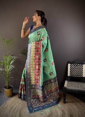 turquoise silk blend small butti zari weaving banarasi saree 2
