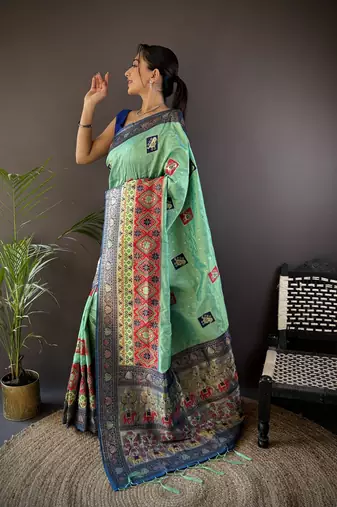 turquoise silk blend small butti zari weaving banarasi saree