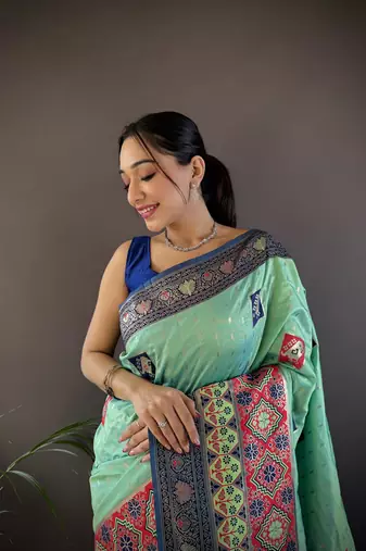 turquoise silk blend small butti zari weaving banarasi saree