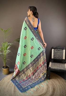 turquoise silk blend small butti zari weaving banarasi saree 4