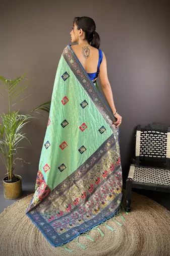 turquoise silk blend small butti zari weaving banarasi saree